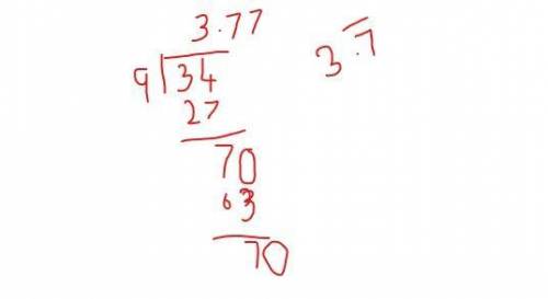 Write 34/9 as a decimal. If necessary, use a bar to indicate which digit or group of digits repeats.