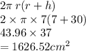 2\pi \: r(r + h) \\ 2 \times \pi \times 7(7 + 30) \\ 43.96 \times 37 \\  = 1626.52 {cm}^{2}