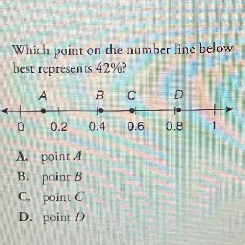 4. Which point on the number line below

best represents 42%
?
А
B
4
C
of
0.6
D
+
0.8
0
O
0.2
0.4