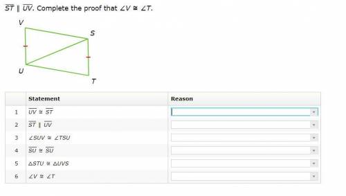 PLEASE HELP I REALLY NEED THIS ANSWER :(
ST
∥
UV
. Complete the proof that ∠V≅∠T.