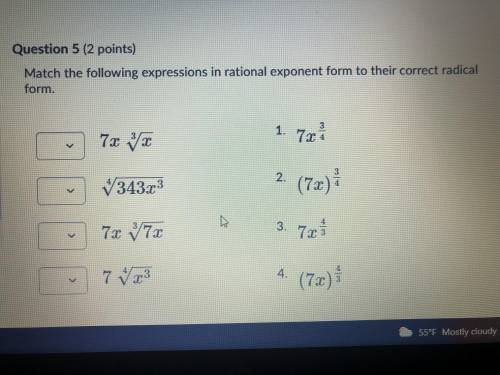 Match the following expressions in rational exponent form to their correct radical form. (20pts)