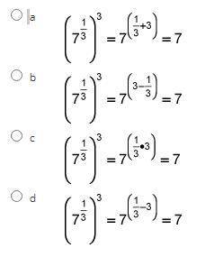 Which equation justifies why seven to the one-third power equals the cube root of seven?