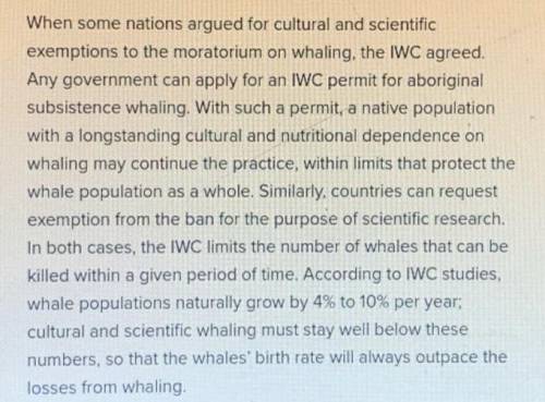 Part A

What is the central idea of the fourth paragraph?
A) Whale populations are growing slowly