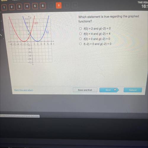 Which statement is true regarding the graphed

functions?
RO) = 2 and g(-2) = 0
RO) = 4 and 9(-2)
