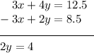 \hspace{10} 3x+4y=12.5\\- 3x+2y=8.5\\\rule{80}{0.5}\\\setlength\parindent{24pt} 2y=4