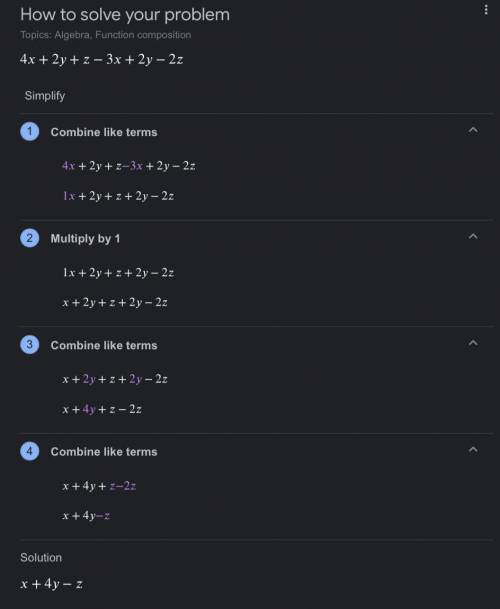 Simplify -4x+2y+z-3x+2y-2z
i freaking hate my maths teacher 
please answerr