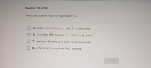 Question 24 of 36 The judicial branch has the responsibility to: O A. make amendments to the U.S. C