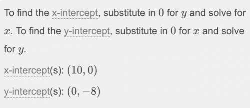 The value of the x intercept for the graph of 4x-5y=40 is
a 10 
b 4/5 
c -4/5 
d -8