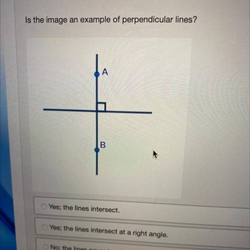 Is the image an example of perpendicular lines?

А
B
Yes; the lines intersect.
Yes; the lines inte