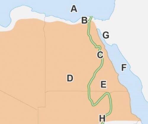 A map of Egypt with labels A through H. A is the body of water above Egypt. B is the coastal area n