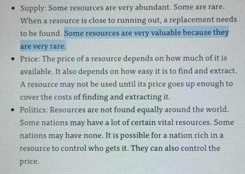 Please help! Text is the picture.

How do supply, price and politics affect how natural resources