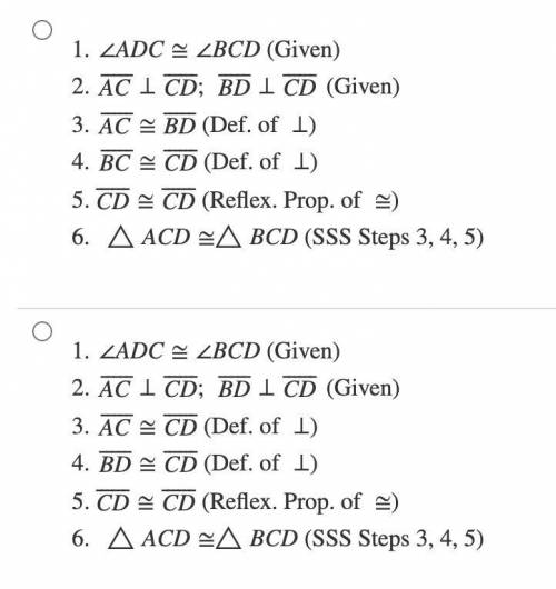 Given that ∠ADC≅∠BCD, AC⊥CD and BD⊥CD, which of the following proves that △ACD≅△BDC?