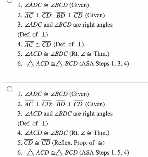 Given that ∠ADC≅∠BCD, AC⊥CD and BD⊥CD, which of the following proves that △ACD≅△BDC?
