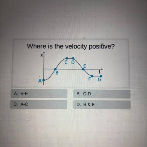 Where is the velocity positive?

х
C D
E
B
А
F G
A. B-E
B. C-D
C. A-C
D. B & E