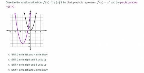 Describe the transformation from f(x) to g(x) if the black parabola represents f(x)=x2 and the purp