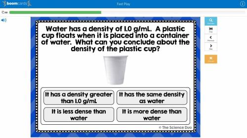 water has a density of 1.0 g/mL. a plastic cup floats when it is placed into a container of water.