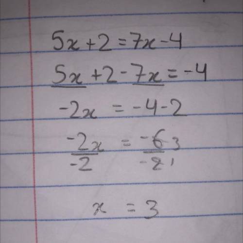 Does anyone know the answer to the question??? 5x+2=7x-4