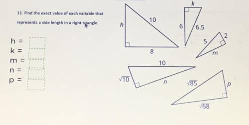Find the exact value of each variable that represents its side length in a right triangle. Please h