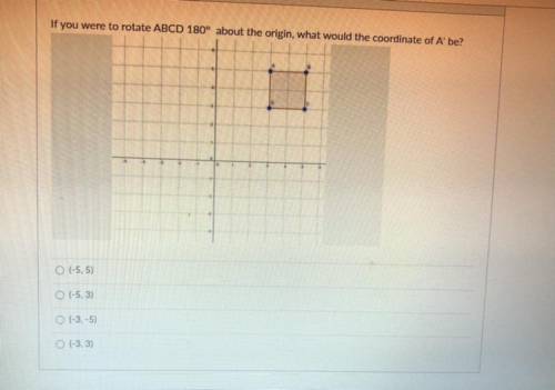 If you were to rotate ABCD 180° about the origin, what would the coordinate of A' be?

-5 -5 
-3 -