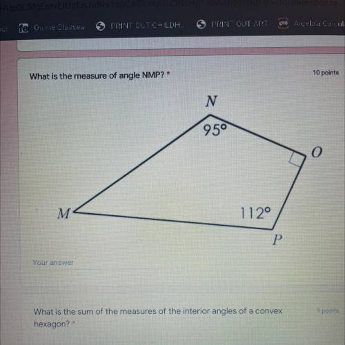 1.) What is the measure of angle NMP?

2.) What is the sum of the measure of the interior angles o