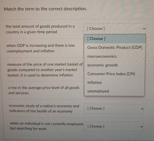 Match the term to the correct description.

the total amount of goods produced in a country in a g