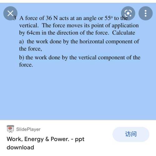 force of 36N acts at an angle of 55 degree to the vertical. The force moves its point of applicatio