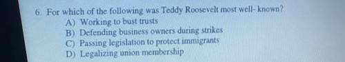 6. For which of the following was Teddy Roosevelt most well-know?
Please help me please
