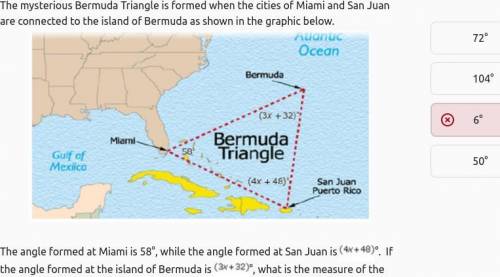 he angle formed at Miami is 58°, while the angle formed at San Juan is 4x + 48°. If the angle forme