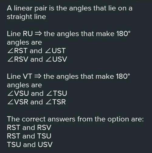 2 lines intersect. A line with points R, S, U intersects a line with points V, S, T at point S.

In