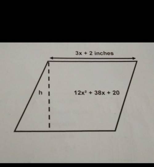 the area of a parallelogram is 12x² + 38x + 20 square inches. it's base is 3x + 2 inches. find its
