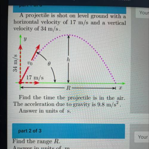 A projectile is shot on level ground with a

horizontal velocity of 17 m/s and a vertical
velocity