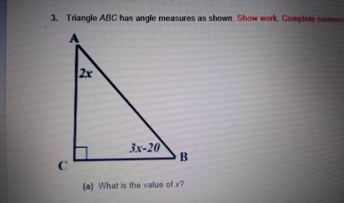 ASAP please!!!

Triangle ABC has angle measures as shown show work.complete sentencea. What is the