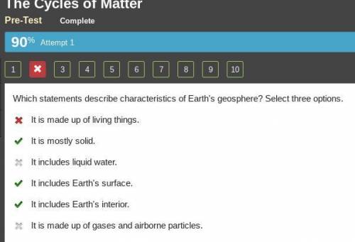 Which statements describe characteristics of Earth's geosphere? Select three options.

It is made