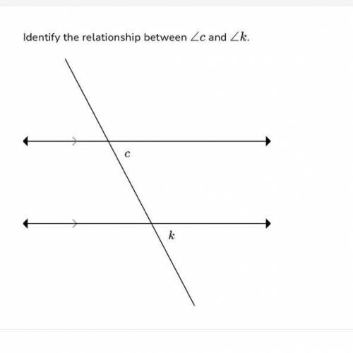Identify the relationship between ∠c and ∠k.

Corresponding angles
Alternate interior angles
Alter