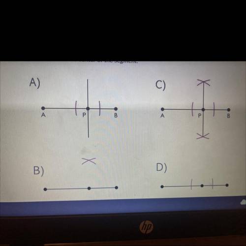 Which diagram shows only the first step of constructing the line perpendicular to

segment AB thr