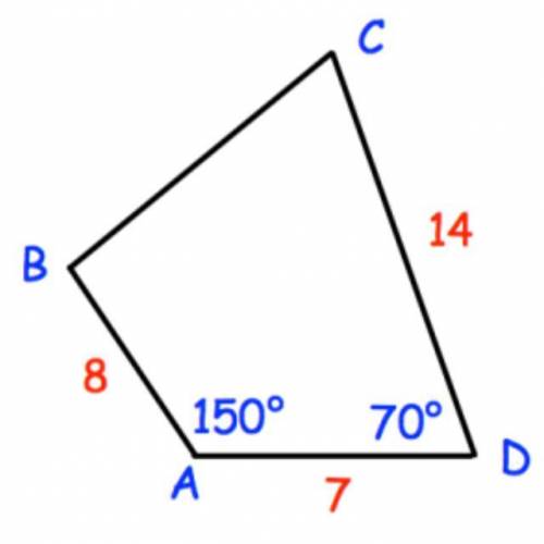 In a quadrilateral ABCD, AD=7cm, AB=8cm, CD=14cm. Angle BAD=150゜, angle CAD=70 ゜

find the length