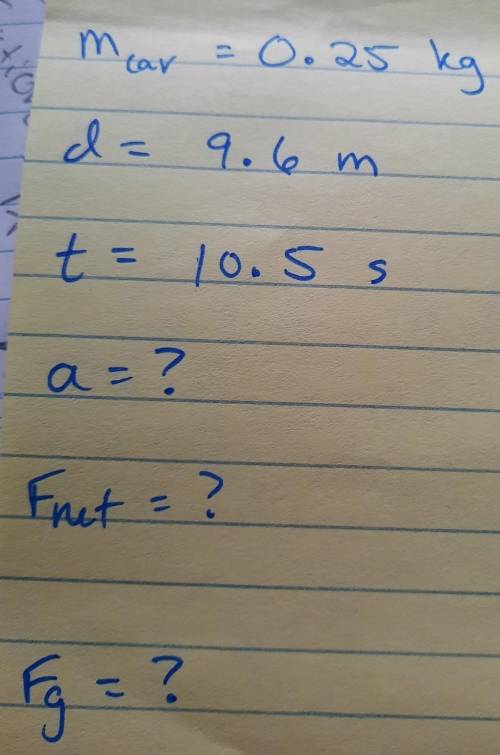 Mcar= 0.25kg

D= 9.6mT= 10.5sA=?Fnet=?Fg=?what are the last 3. I need help for project