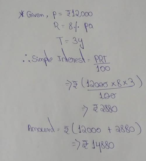 Subject - Maths

Topic - Compound InterestFind the simple interest on RS. 12000 at 8% p.a. for 3 ye