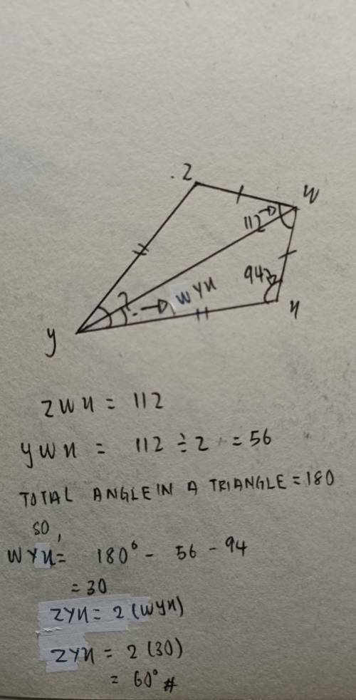 WXYZ is a kite. Angle WXY has a measure of 94 degrees

and angle ZWX has a measure of 112 degrees.