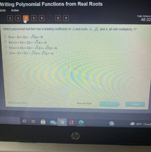 30 POINTS FOR THIS QUESTION Which polynomial function has a leading coefficient of -3 and roots -2,