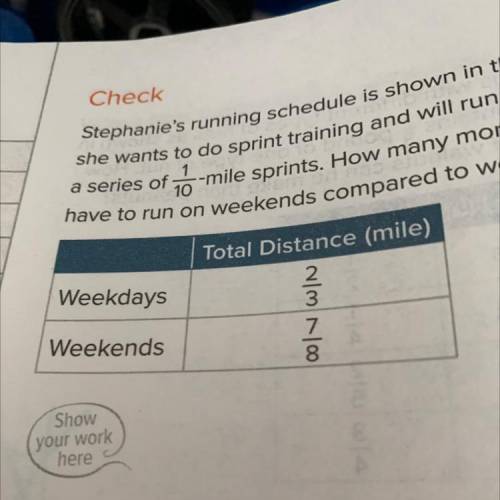 Check

Stephanie's running schedule is shown in the table. She decides that
she wants to do sprint