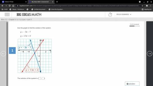 Question

Use the graph to find the solution of the system.
y=−3x−7
y=1.5x+2
The solution of the s