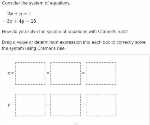 Consider the system of equations. 2x+y=1−3x+4y=15 How do you solve the system of equations with Cra