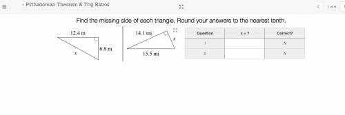 Find the missing side of each triangle. Round your answers to the nearest tenth
