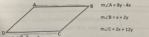 In parallelogram ABCD, find x, y, and A