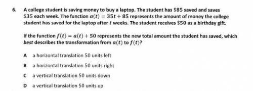 A college student is saving money to buy a laptop. the student has $85 saved and saves $35 each wee