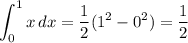 \displaystyle \int_0^1 x \, dx = \frac12(1^2-0^2) = \frac12