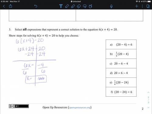 . Select all expressions that represent a correct solution to the equation 6( + 4) = 20.Show steps