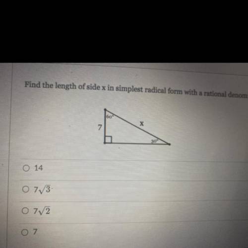 Find the length of side x in simplest radical form with a rational denominator.