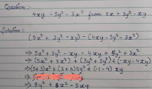 What is 4xy - 5y² - 3x² from 5x + 3y² - xy ?